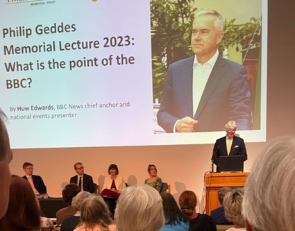 Christopher introducing the BBC's Huw Edwards at the 40th anniverary Geddes Awards, May 2023
